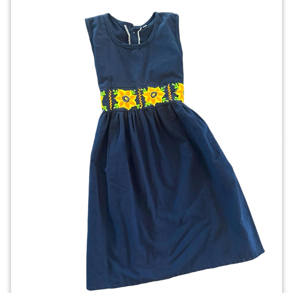 Linen Navy Dress Sunflower embroidery